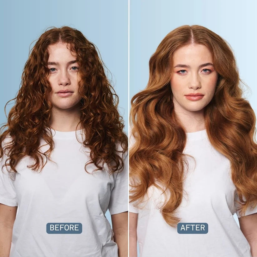Before and after comparison of a woman with long, wavy hair on a blue background after using Osmo Extreme Volume