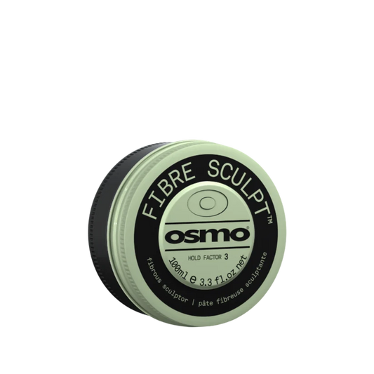 A 100ml round metal tin of Osmo Fibre Sculpt Hold Factor 3, featuring a pale sage green lid with a black circular label and white text, set against a plain white background.