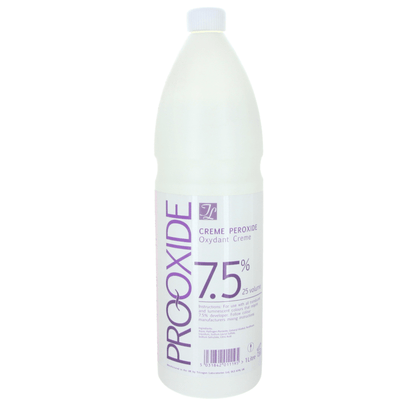A bottle of Pro-Oxide Creme Peroxide 25 Vol (7.5%) for hair coloring and bleaching, with a white label on a white background.