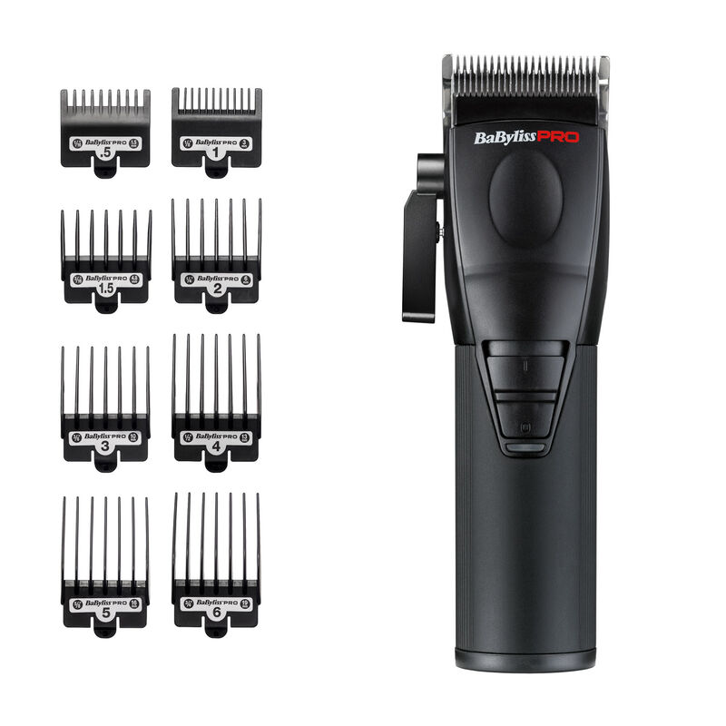 Black hairclipper babyliss fxfresh with multiple attachments on a white background, featuring the Babyliss Pro brand.