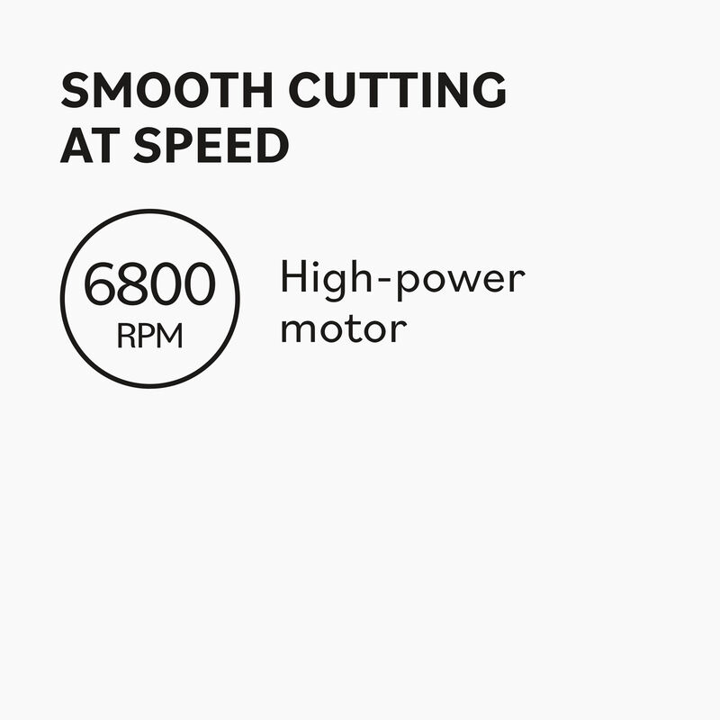 Text indicating 'Smooth cutting at speed' with a high-power motor and RPM rating on a white background for babyliss fxfresh.