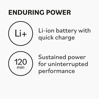 Text describing the features of a Li-ion battery with quick charge and sustained power on a white background for babyliss fxfresh