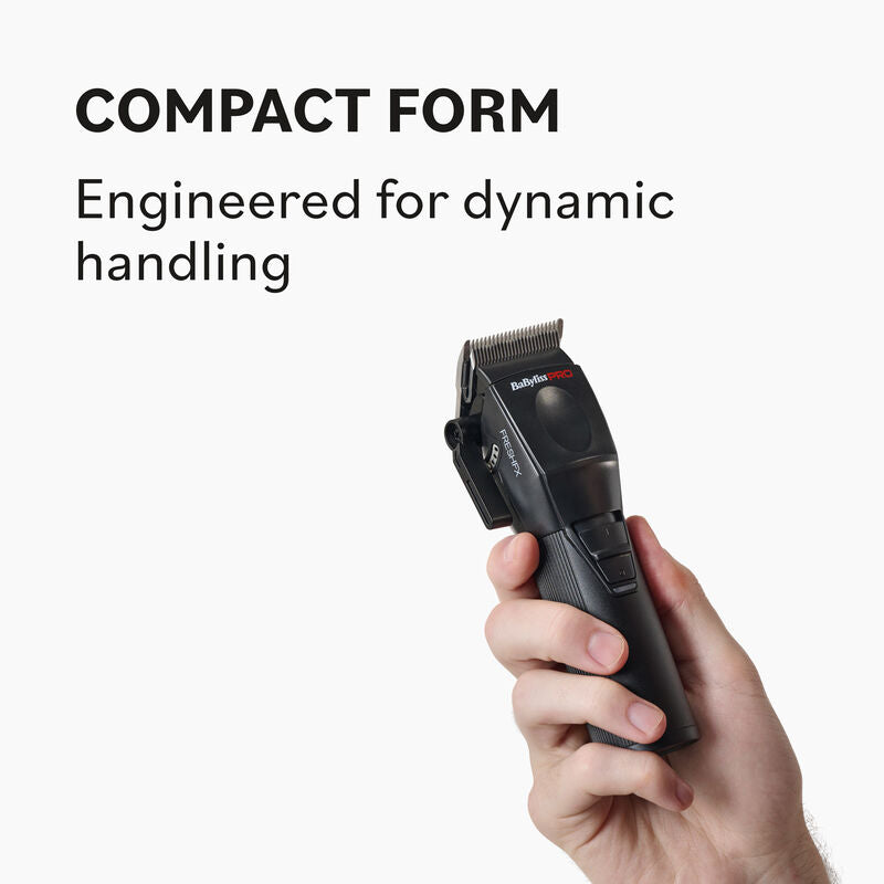 Hair clipper held in a hand with text 'COMPACT FORM Engineered for dynamic handling' on a white background babyliss fxfresh