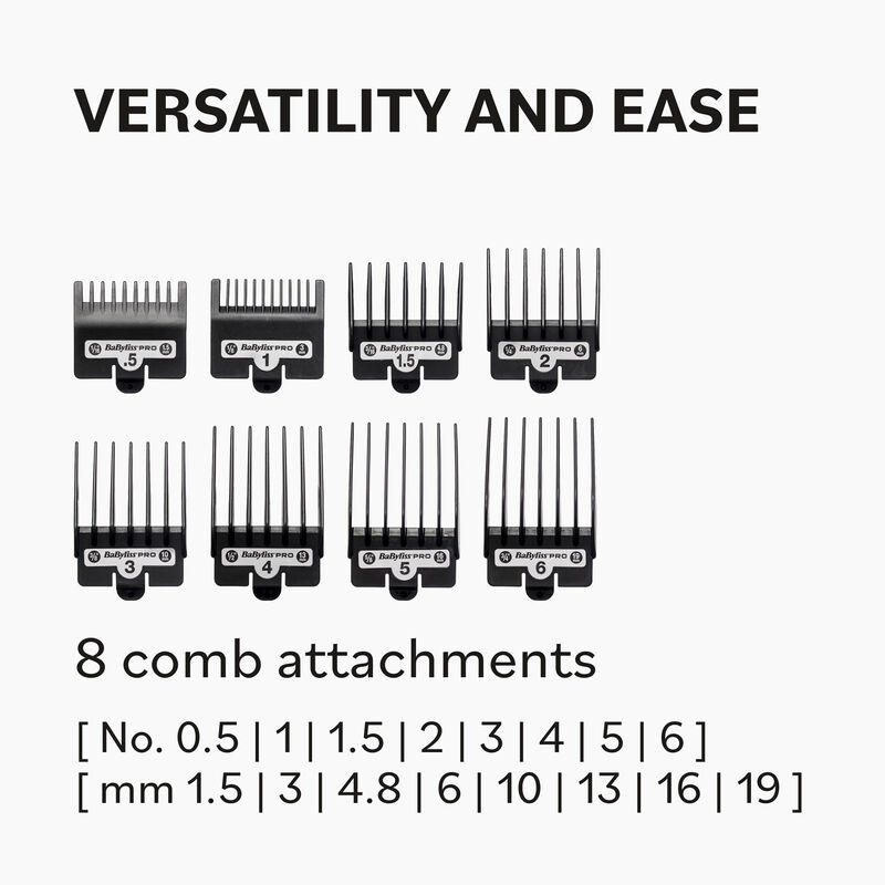 Set of 8 comb attachments with size labels on a white background babyliss fxfresh