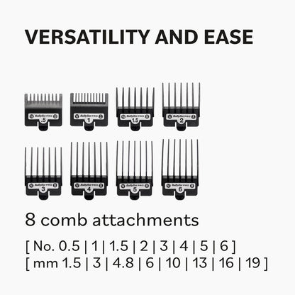 Set of 8 comb attachments with size labels on a white background babyliss fxfresh