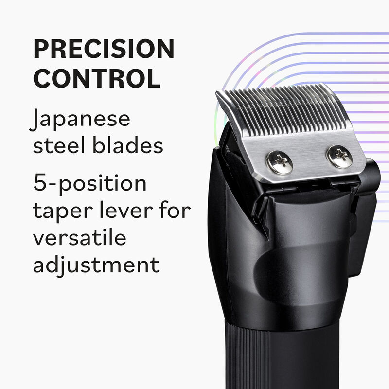 Hair trimmer with Japanese steel blades and 5-position taper lever on a white background
