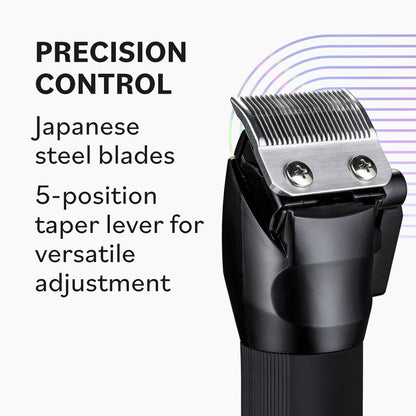 Hair trimmer with Japanese steel blades and 5-position taper lever on a white background