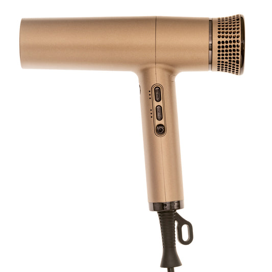 Gold hair dryer with nozzle attachment on a white background