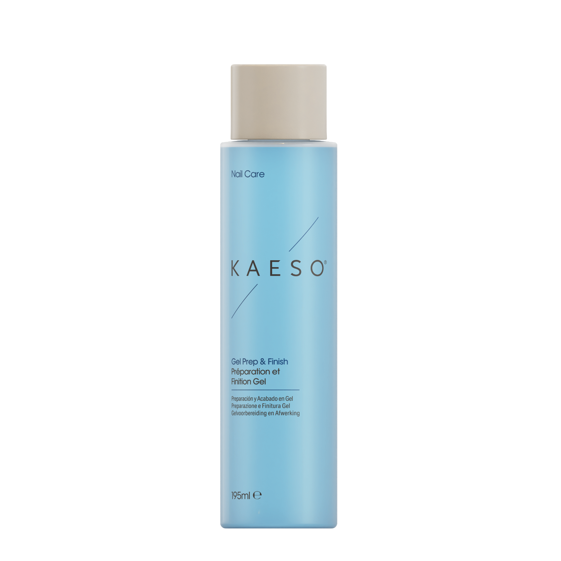 KAESO Nail Care Gel Prep & Finish Resolvent Gel in a 195ml light blue bottle with a beige cap, shown on a plain white background.