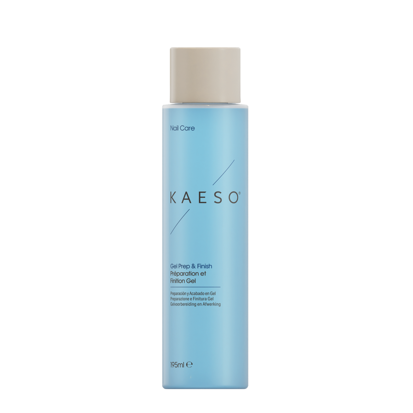 KAESO Nail Care Gel Prep & Finish Resolvent Gel in a 195ml light blue bottle with a beige cap, shown on a plain white background.