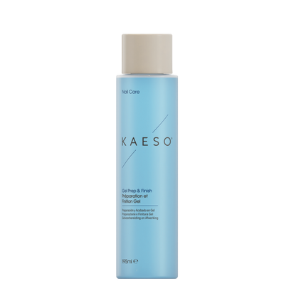 KAESO Nail Care Gel Prep & Finish Resolvent Gel in a 195ml light blue bottle with a beige cap, shown on a plain white background.