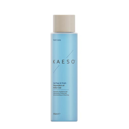 KAESO Nail Care Gel Prep & Finish Resolvent Gel in a 195ml light blue bottle with a beige cap, shown on a plain white background.