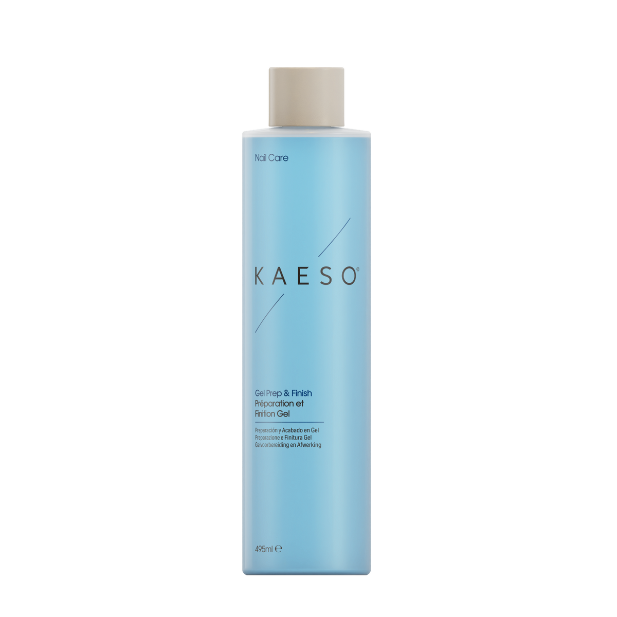 A tall, light blue bottle of KAESO Nail Care Gel Prep & Fresh Precursor Gel with a beige cap, shown on a plain white background.