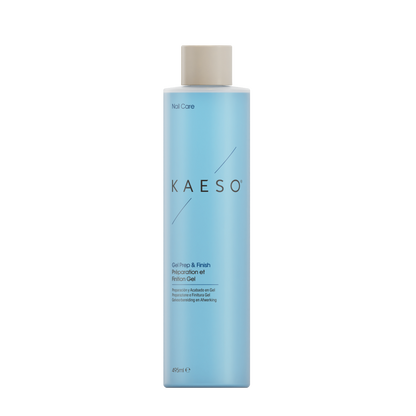A tall, light blue bottle of KAESO Nail Care Gel Prep & Fresh Precursor Gel with a beige cap, shown on a plain white background.
