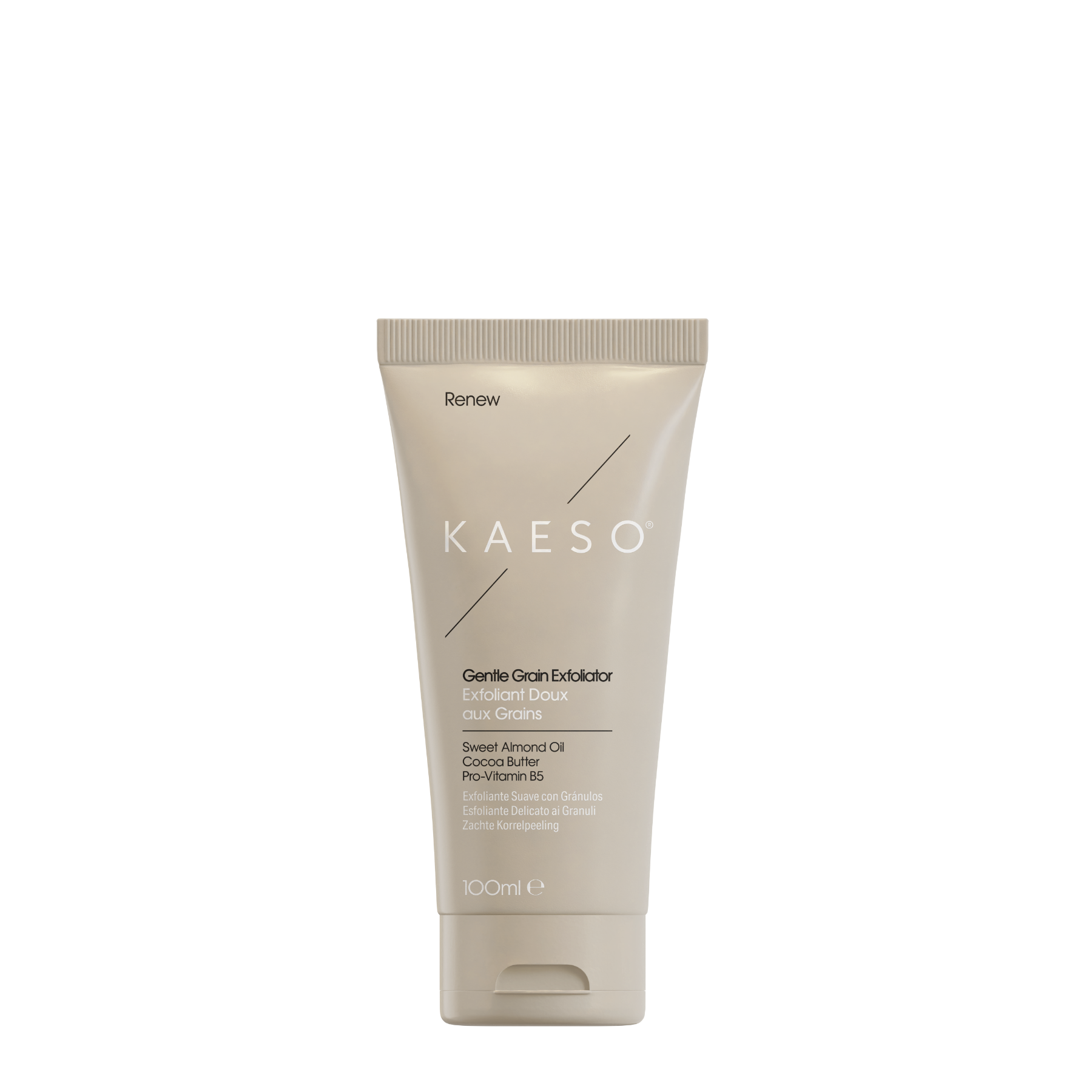KAESO Renew Gentle Craf Exfoliator in a 150ml squeeze tube, featuring a light beige design with white text and minimalist graphics on a solid white background.