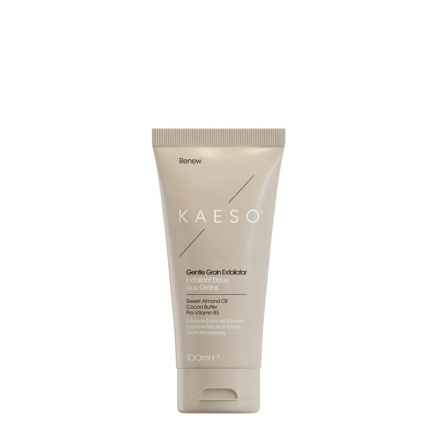 KAESO Renew Gentle Craf Exfoliator in a 150ml squeeze tube, featuring a light beige design with white text and minimalist graphics on a solid white background.
