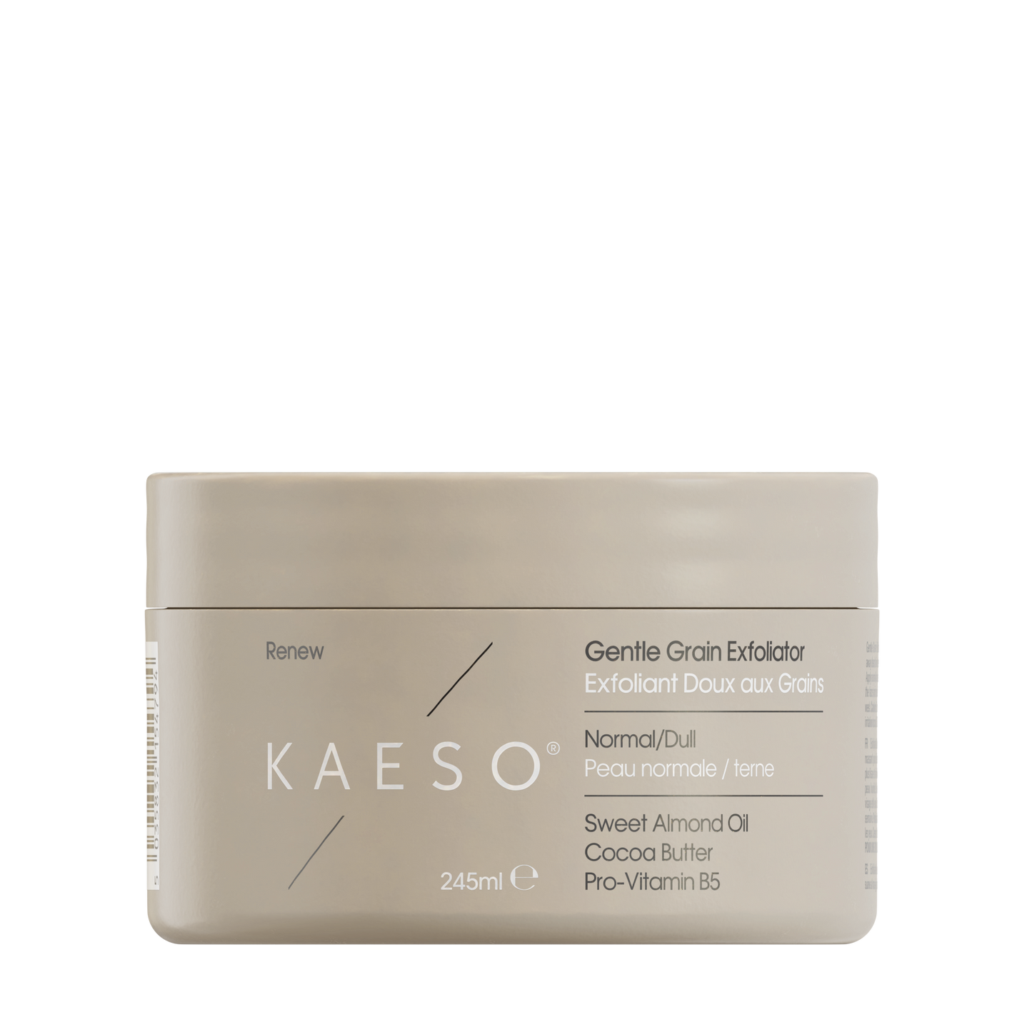 KAESO Renew Sweet Almond Oil Cocoa Butter hair care jar in a matte beige color, shown against a plain white background.