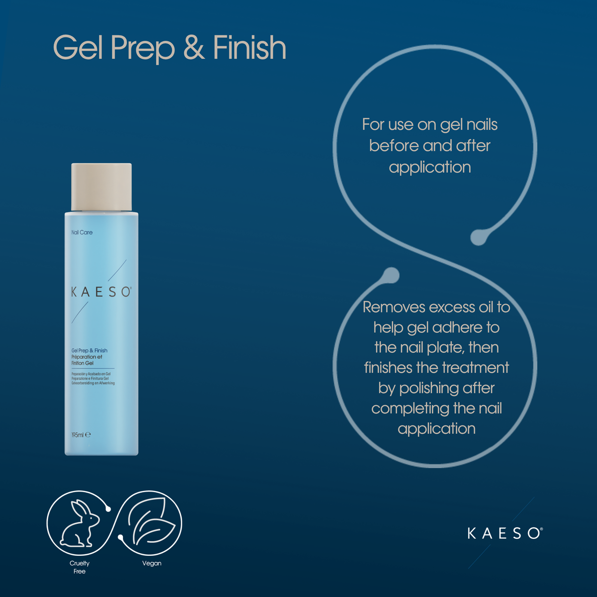 KAESO Gel Prep & Finish nail treatment bottle on a dark blue background with product information text and icons indicating cruelty-free and vegan status.
