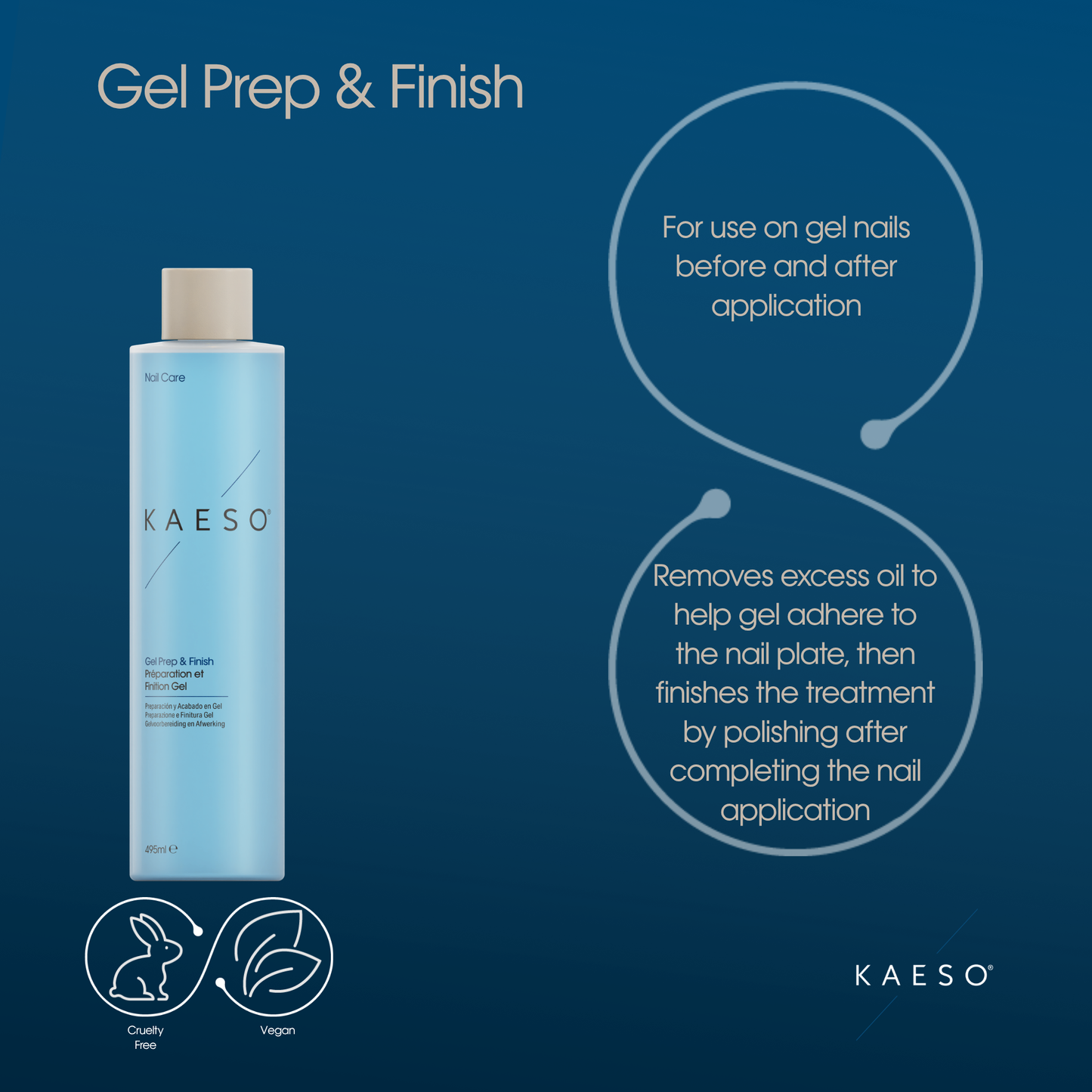 KAESO Gel Prep & Finish nail treatment bottle on a dark blue background with product details, usage text callouts, and cruelty-free/vegan icons.