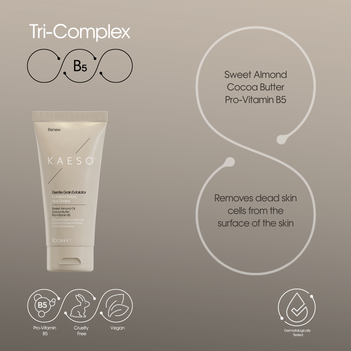 KAESO Tri-Complex Gentle Cleanser tube on a taupe background with product details, text callouts, and icons for B5, Sweet Almond Cocoa Butter, and vegan.