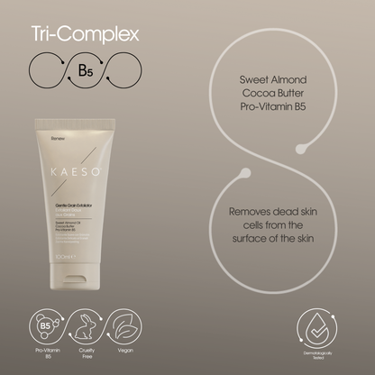 KAESO Tri-Complex Gentle Cleanser tube on a taupe background with product details, text callouts, and icons for B5, Sweet Almond Cocoa Butter, and vegan.