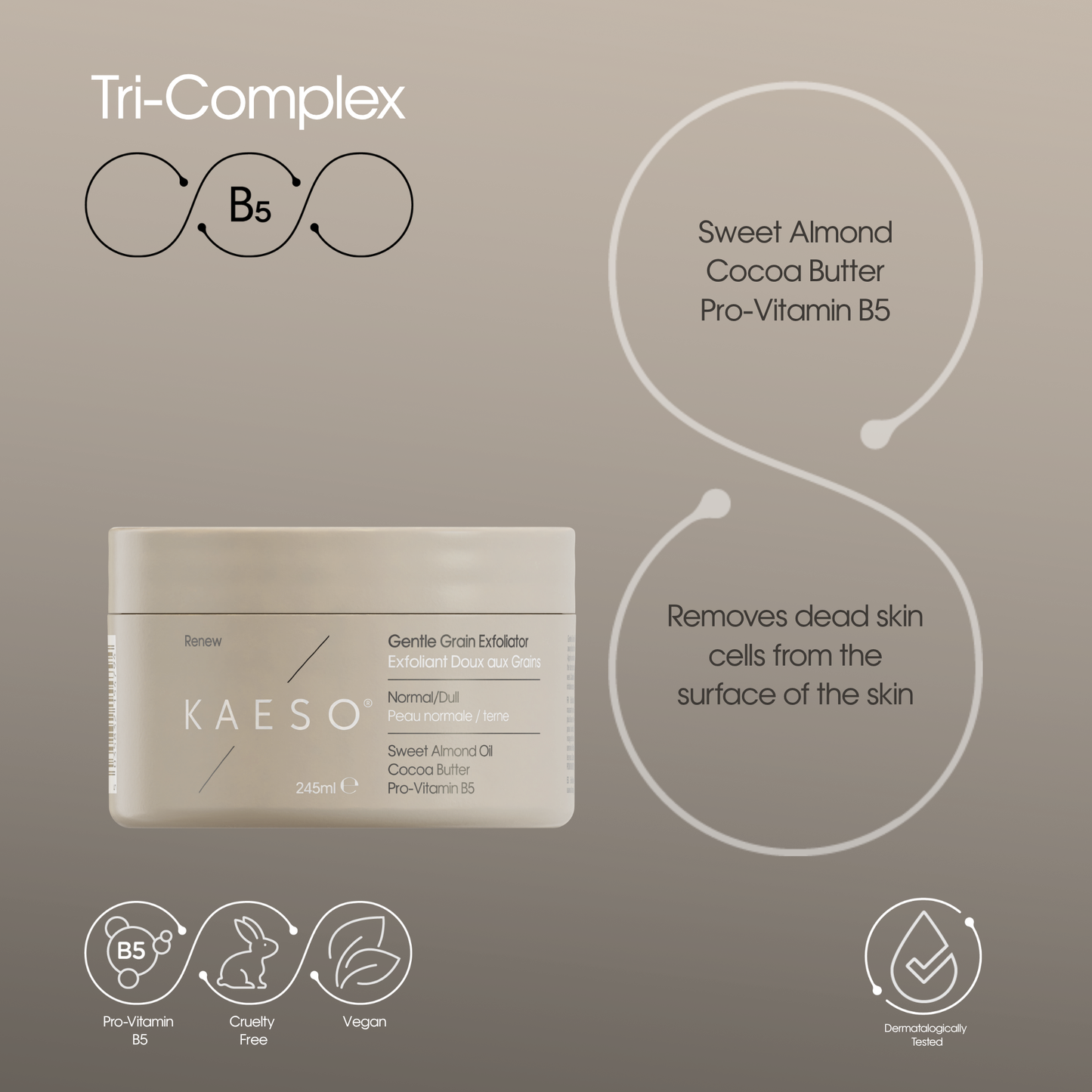 KAESO Tri-Complex Gentle Gran Exfoliator jar on a neutral taupe background with product details, ingredient callouts, and feature icons.