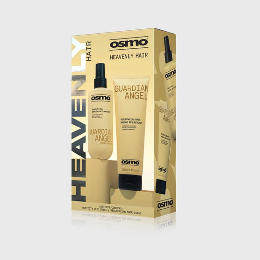 Osmo Heavenly Hair Guardian Angel hair restoration mask and conditioner set in its original packaging, featuring a beige and gold box with black and gold lettering.