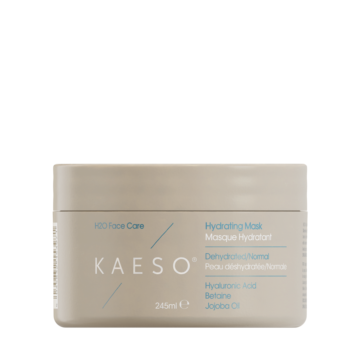 KAESO 245ml Face Care Hydrating Mask jar in a light beige color with blue and white text, set against a plain white background.
