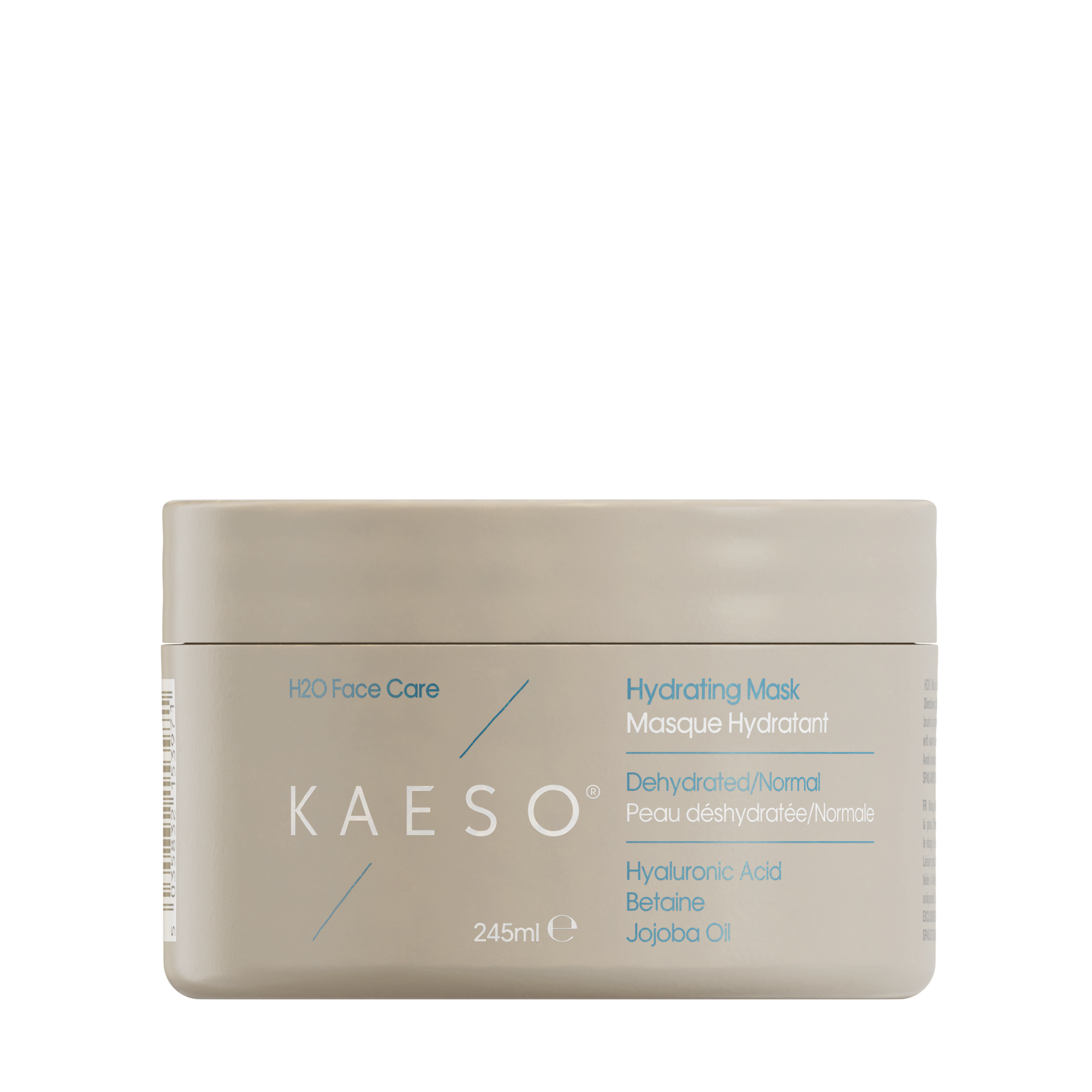 KAESO 245ml Face Care Hydrating Mask jar in a light beige color with blue and white text, set against a plain white background.