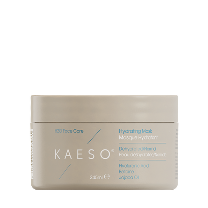 KAESO 245ml Face Care Hydrating Mask jar in a light beige color with blue and white text, set against a plain white background.