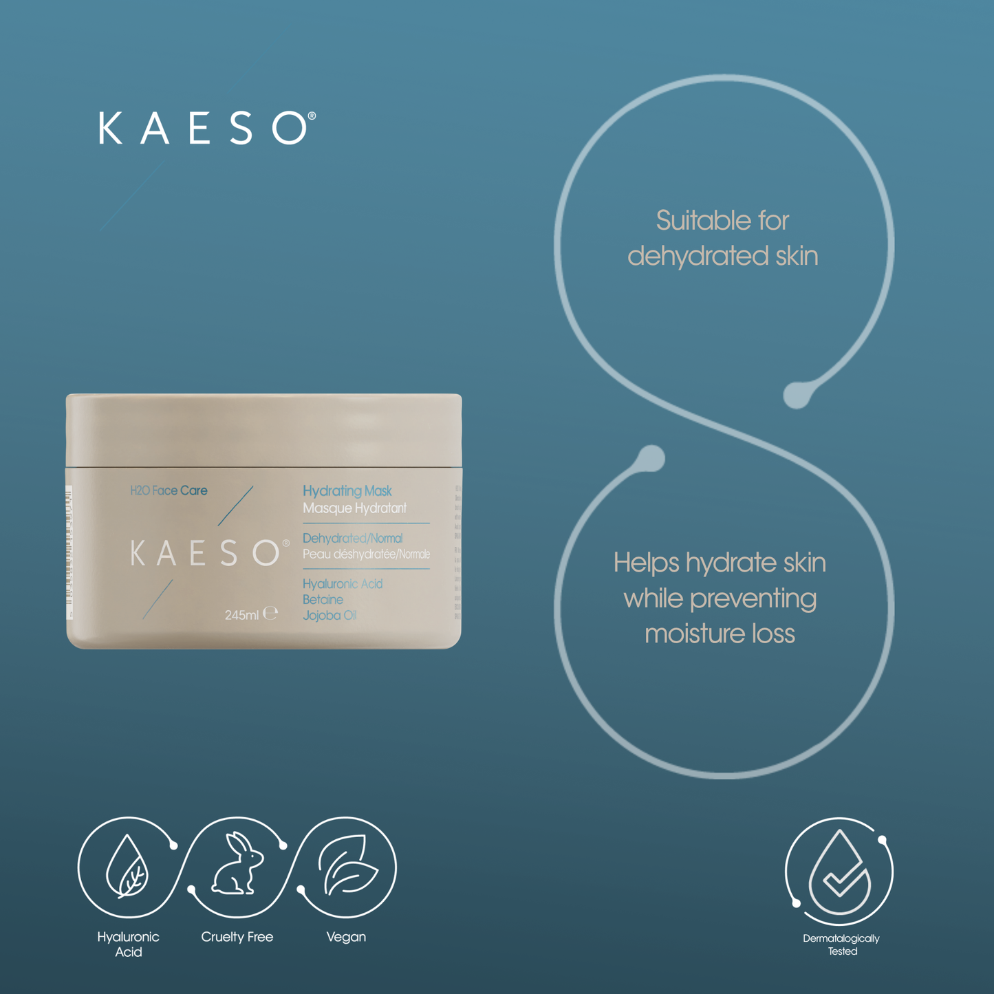KAESO All Natural Care Hydrating Mask jar on a blue gradient background with marketing text and icons highlighting benefits for dehydrated skin.