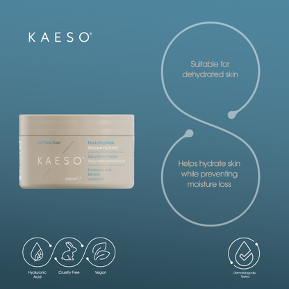 KAESO All Natural Care Hydrating Mask jar on a blue gradient background with marketing text and icons highlighting benefits for dehydrated skin.