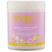 Jar of 'hive solutions' banana & vanilla smoothie scrub on a white background