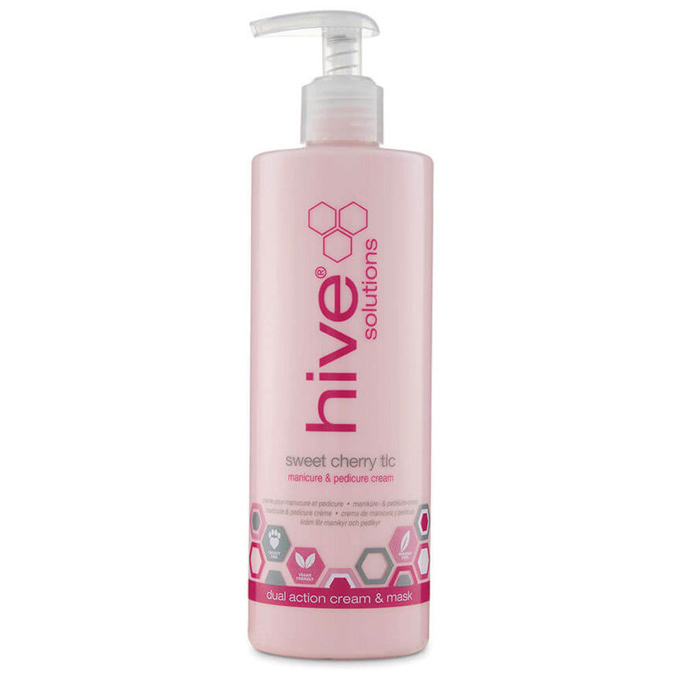 Pink bottle of Hive Solutions cream on a white background
