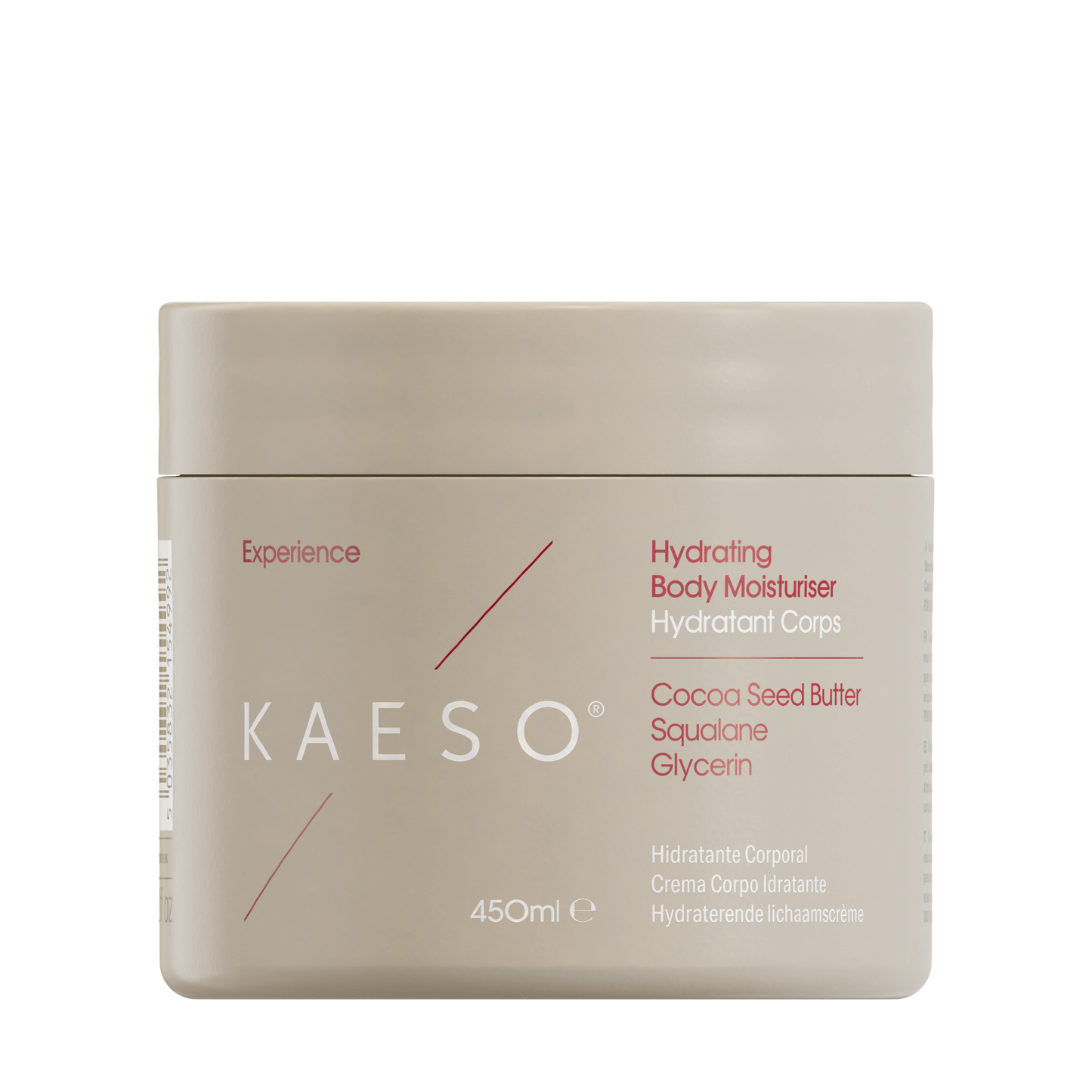 KAESO Experience Hydrating Body Moisturizer in a square beige jar with a matching lid, set against a plain white background.
