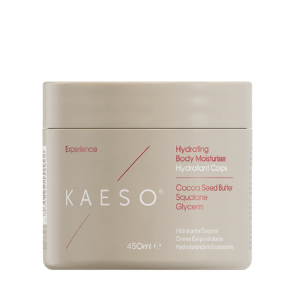 KAESO Experience Hydrating Body Moisturizer in a square beige jar with a matching lid, set against a plain white background.