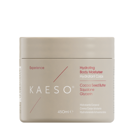 KAESO Experience Hydrating Body Moisturizer in a square beige jar with a matching lid, set against a plain white background.