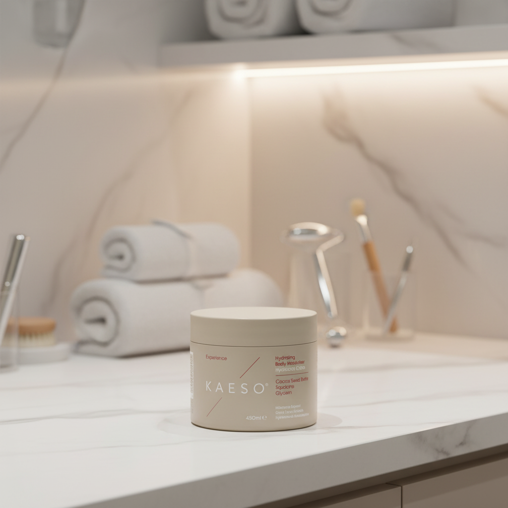 KAESO Experience Hydrating Body Moisturizer in a square beige jar with a matching lid, set against a plain white background.
