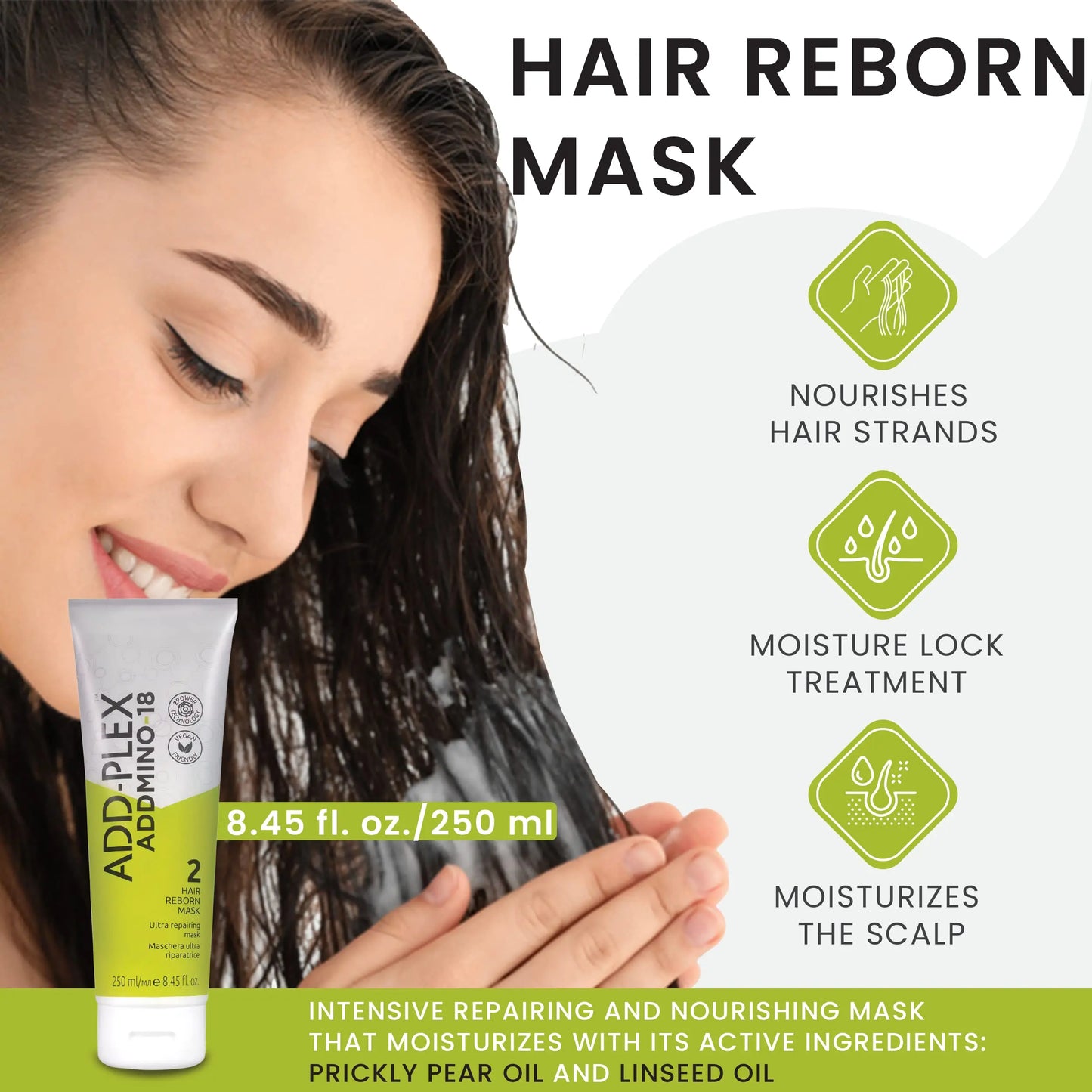 Woman with wet hair holding a tube of Add Plex Addminos hair mask with product features listed.