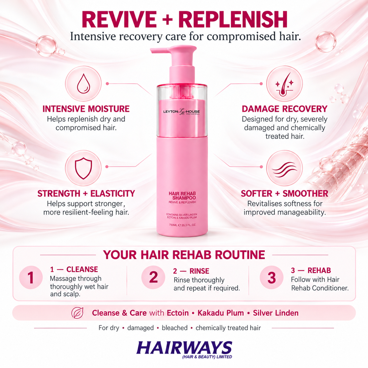 Leyton House Hair Rehab Shampoo infographic showing intensive moisture, strength, softness and recovery benefits for damaged hair