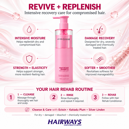 Leyton House Hair Rehab Shampoo infographic showing intensive moisture, strength, softness and recovery benefits for damaged hair