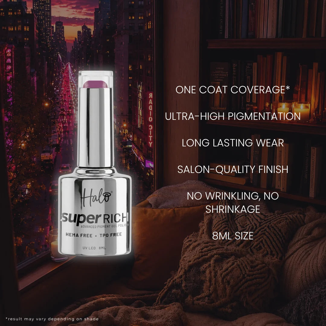 A bottle of Halo Super Rich Gel Nail Polish in a metallic silver cap and clear bottle, shown against a nighttime city window and cozy bedroom background with promotional text on the right.