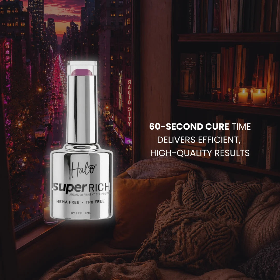 A bottle of Halo Super Rich gel nail polish is shown in a dimly lit bedroom setting with a city skyline at night in the background. White text on the right reads '60-SECOND CURE TIME DELIVERS EFFICIENT, HIGH-QUALITY RESULTS'.