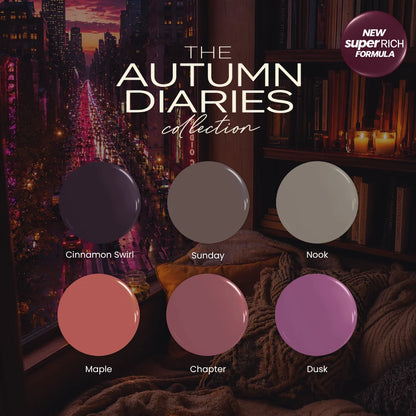 A promotional graphic for 'The Autumn Diaries Collection' showing six circular color swatches labeled Cinnamon Swirl, Sunday, Nook, Maple, Chapter, and Dusk over a cozy bookshelf and window scene with a city street at dusk.