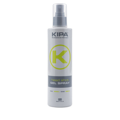 A bottle of Kipa Head Shot Gel Spray with the brand's logo in green on a white background, indicating the product is for styling and finishing hair.