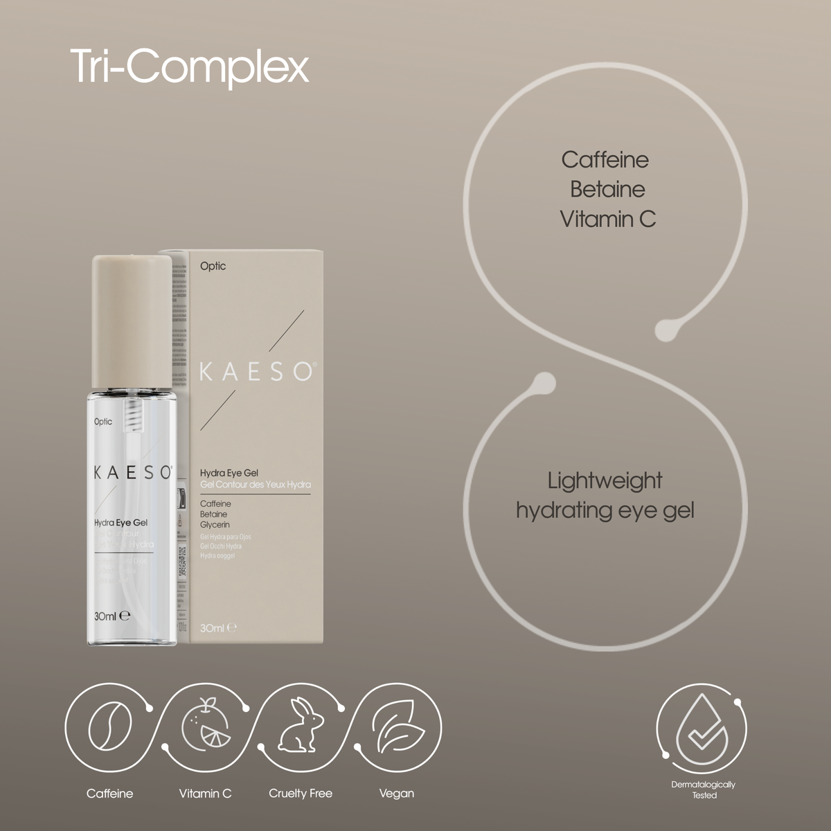 KAESO Tri-Complex Hydration Eye Gel 20ml bottle and its packaging box, displayed on a warm taupe background with product feature callouts and icons.