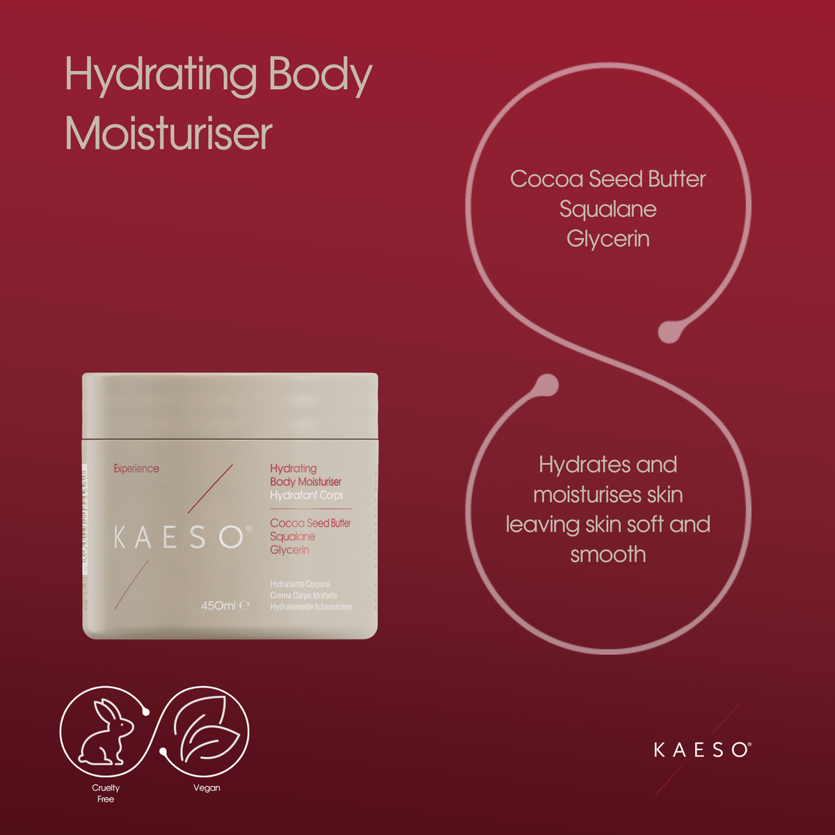 KAESO Hydrating Body Moisturiser jar shown on a dark red background with product ingredients and benefits text. The cream-colored tub is labeled with 'KAESO' and 'Cocoa Seed Butter Squalane Glycerin'.