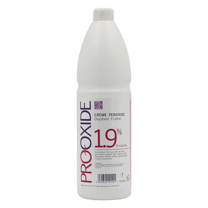 A bottle of Pro-Oxide Creme Peroxide 6 Vol (1.9%) hair developer.