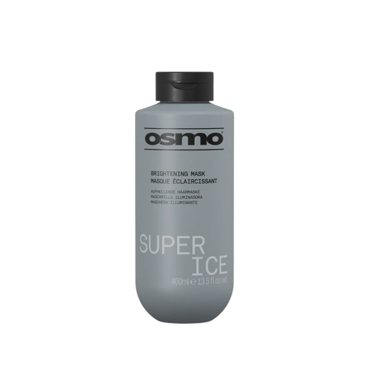 A 400ml bottle of Osmo Super Ice Brightening Mask, featuring a matte gray body and a black flip-top cap, centered on a plain white background.
