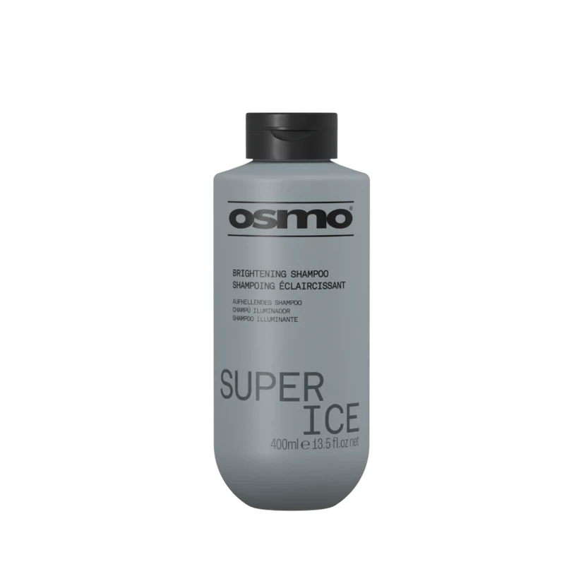 A 400ml bottle of Osmo Super Ice Brightening Shampoo, featuring a matte gray body and a black flip-top cap, shown against a plain white background.